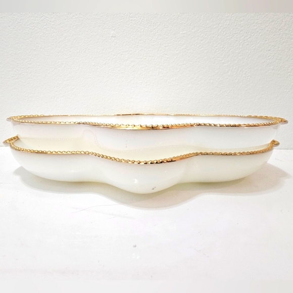 Vintage Anchor Hocking Fire King Milk Glass Relish Tray w/ Gold Beaded Trim (2) - Picture 4 of 13